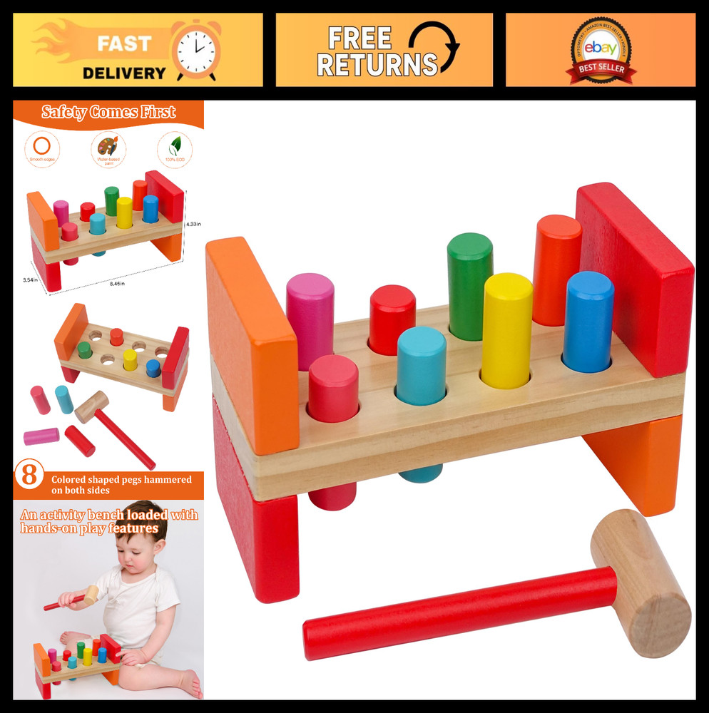 Montessori Pounding Bench Toy for Toddlers 1-3, Wooden Hammer & 8 Pegs, STEAM Le