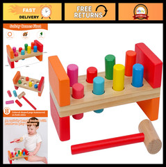 Montessori Pounding Bench Toy for Toddlers 1-3, Wooden Hammer & 8 Pegs, STEAM Le