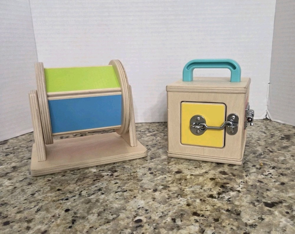 LOVEVERY The Lockbox Latches & Spinning Rainbow Montessori Wooden Learning Toy
