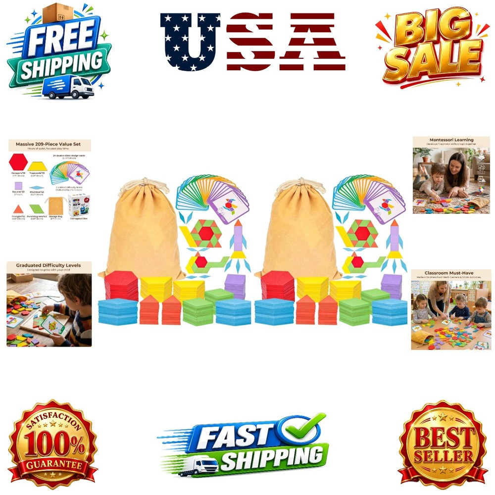 209 PCS Shapes Wooden Pattern Blocks for Kids, Geometric with Activity Cards …