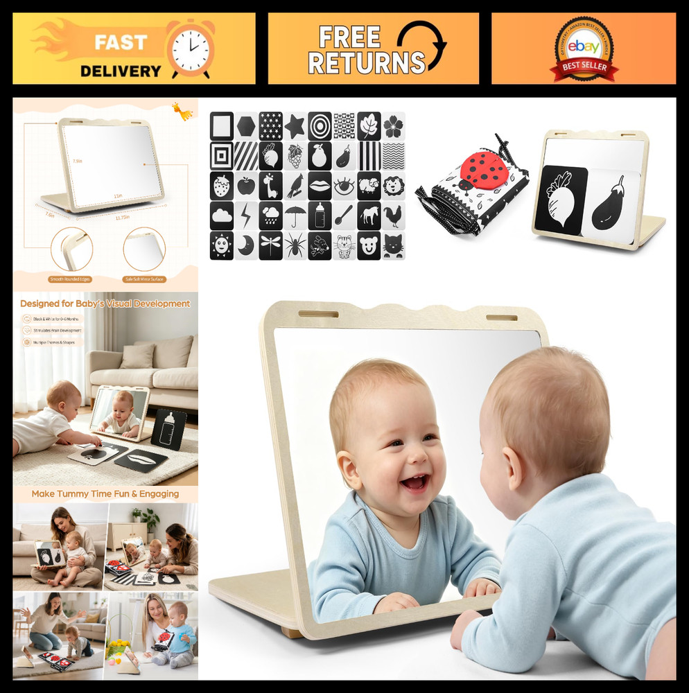 Tummy Time Toys with Mirror, High Contrast Baby Book & Visual Stimulation Cards