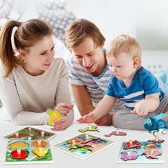 4PCS Wooden Peg Puzzles for Baby Toddlers Preschool Educational Animal Patterns