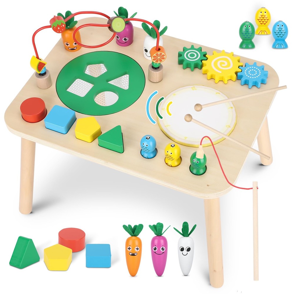 Activity Table for 1+ Year Old, 7 in 1 Wooden Montessori Activity Center Play…