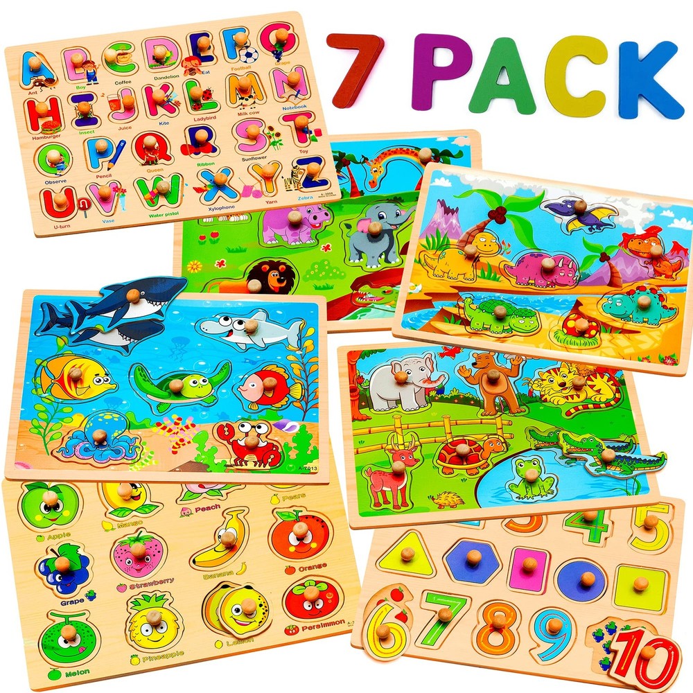 7 Pack Wooden Puzzles for Toddlers 2 3 4 5 Years Old – 7 Colorful Chunky Wood…
