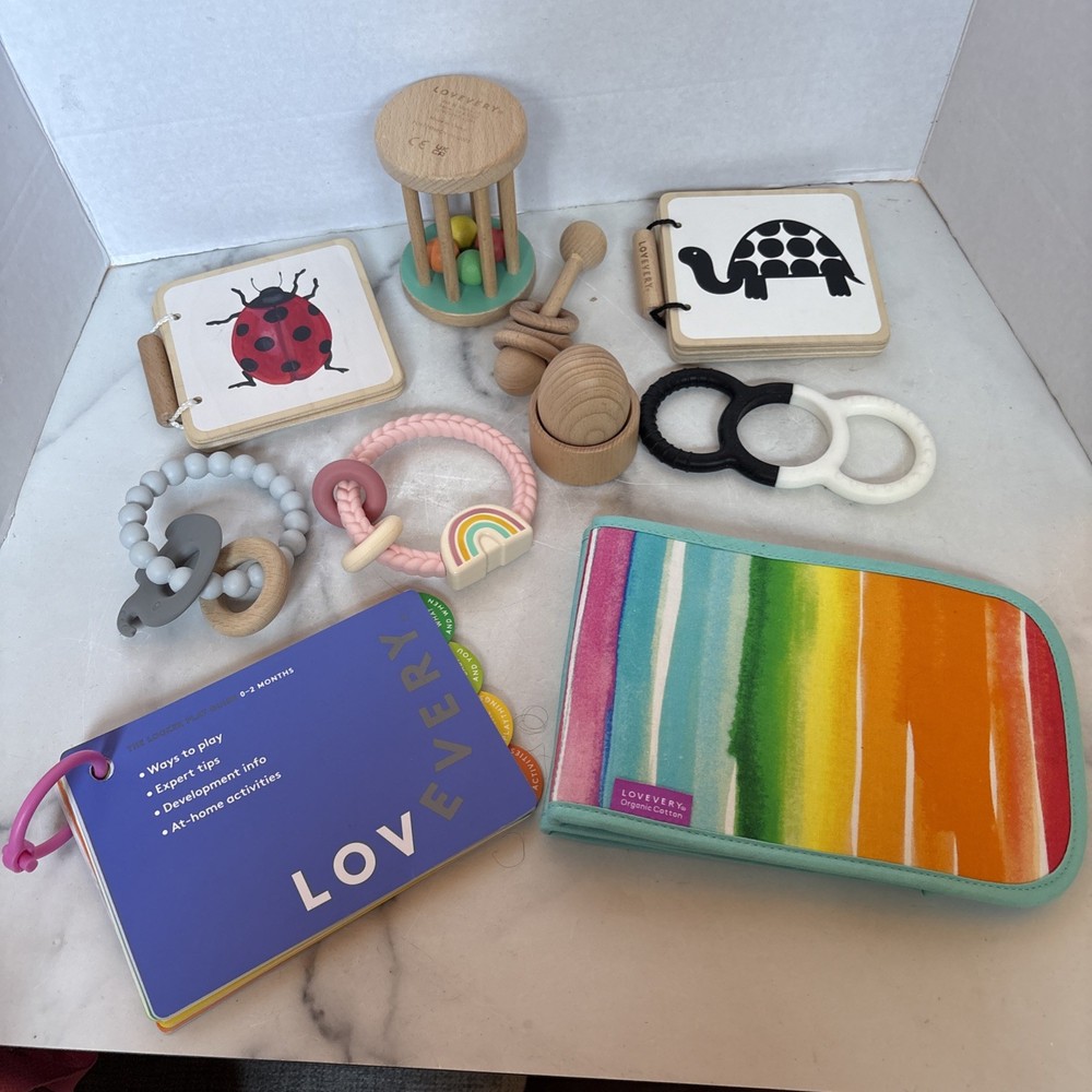 Lovevery Small Toys Lot: Books, Egg & Stand, Rattle, Photo Mat + Bonus Teethers