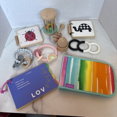 Lovevery Small Toys Lot: Books, Egg & Stand, Rattle, Photo Mat + Bonus Teethers