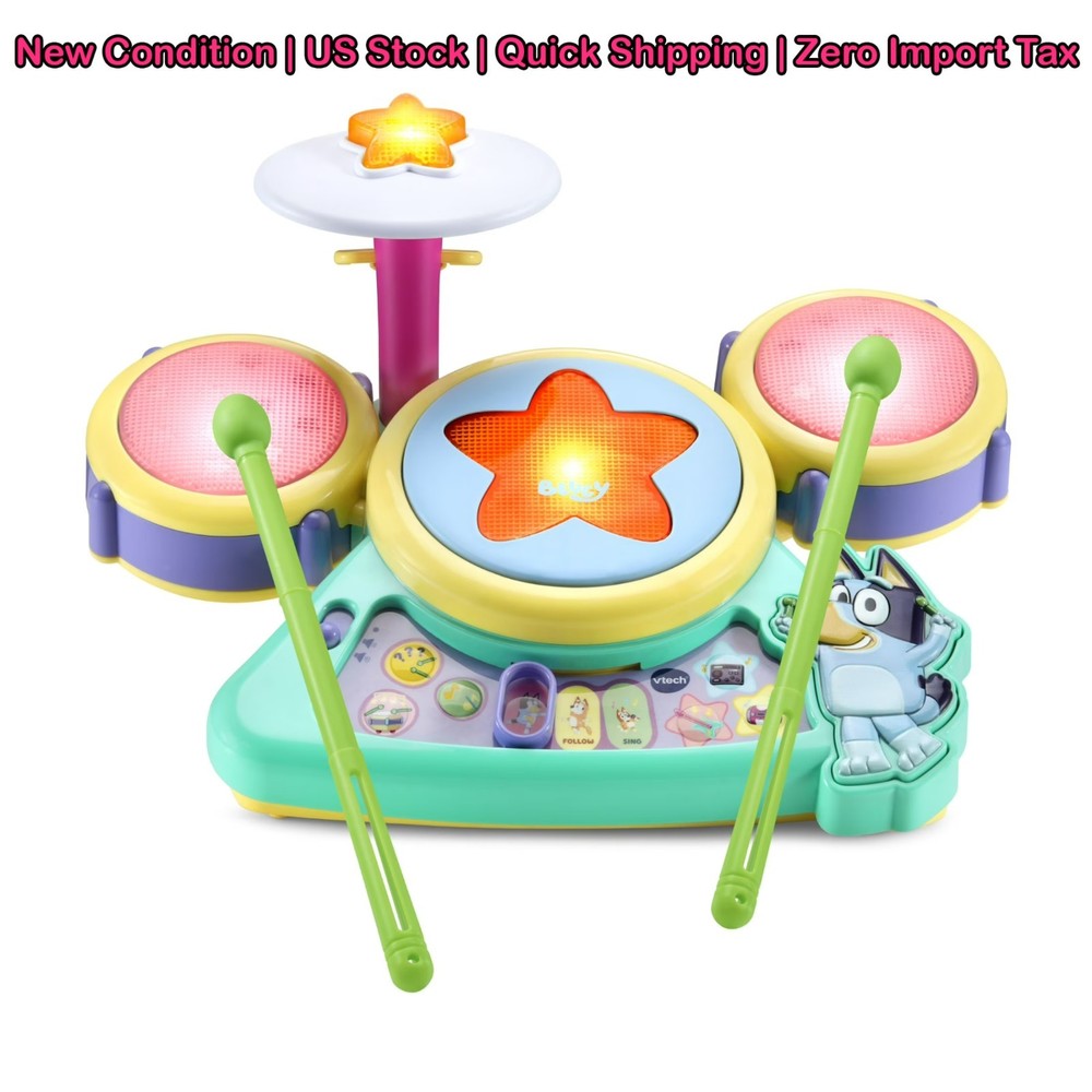 VTech Bluey Hooray Drum Set with Accessories Interactive Lights Kids Toy NEW
