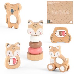 Wooden Montessori Baby Toys Set, 5-Piece Newborn Gift Set with Koala Rattle, …