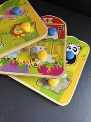 Vtg Wooden Toddler Peg Puzzle Lot of 3 Farm Animals Jungle Developmental Toy
