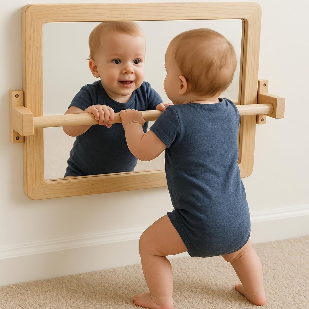 Montessori Baby Pull Up Bar with Small Mirror for Infants 6-18 Months