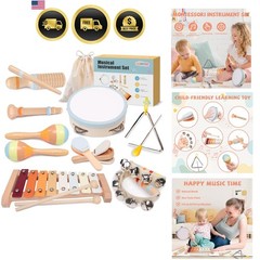 Baby Musical Instruments Set – Montessori Wooden 18 Old Baby Musical Toys, T…
