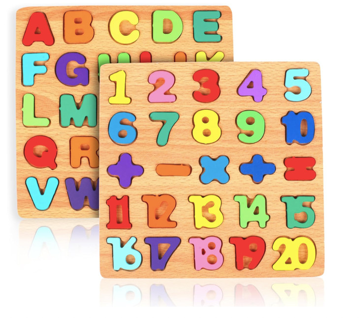 2 Pack Wooden Puzzles, Toddlers Alphabet Number Puzzles, ABC Learning Toys for K