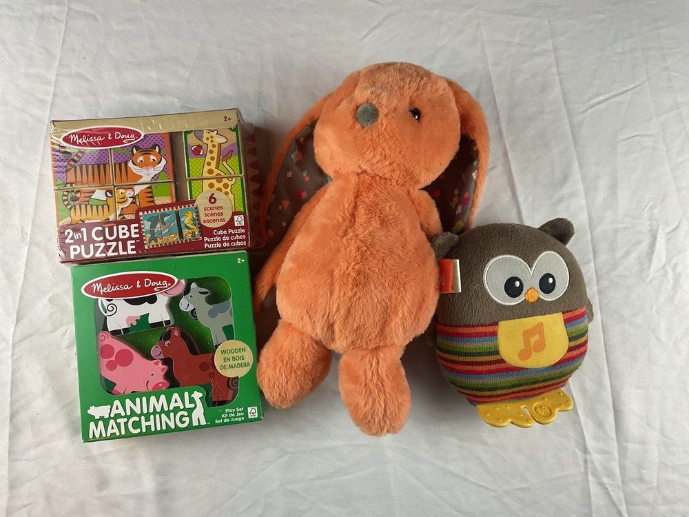 B Softies Orange Bunny Plush, Melissa & Doug Wooden Blocks, Musical Owl Baby Toy