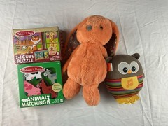 B Softies Orange Bunny Plush, Melissa & Doug Wooden Blocks, Musical Owl Baby Toy