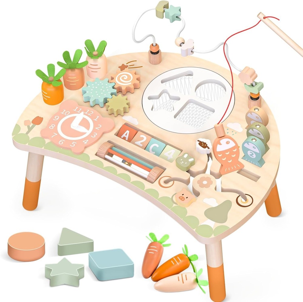 Wooden Activity Table, 9-in-1 Montessori Sensory Play Table with Shape Sorter Fi