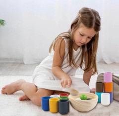 Montessori Color Matching Cups & Balls Toy, Wooden Rainbow Sorting Set