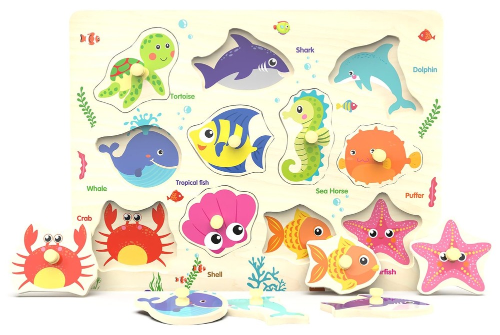 Wooden Peg Puzzle Sea Creature Educational Toddler Wood 11 Piece 18+ Months