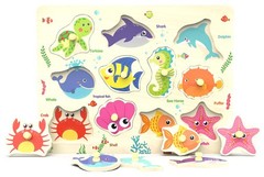 Wooden Peg Puzzle Sea Creature Educational Toddler Wood 11 Piece 18+ Months