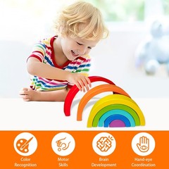 Wooden Rainbow Stacking Toy, Wood Stacker Arch Game, Montessori Arch Bridge R…