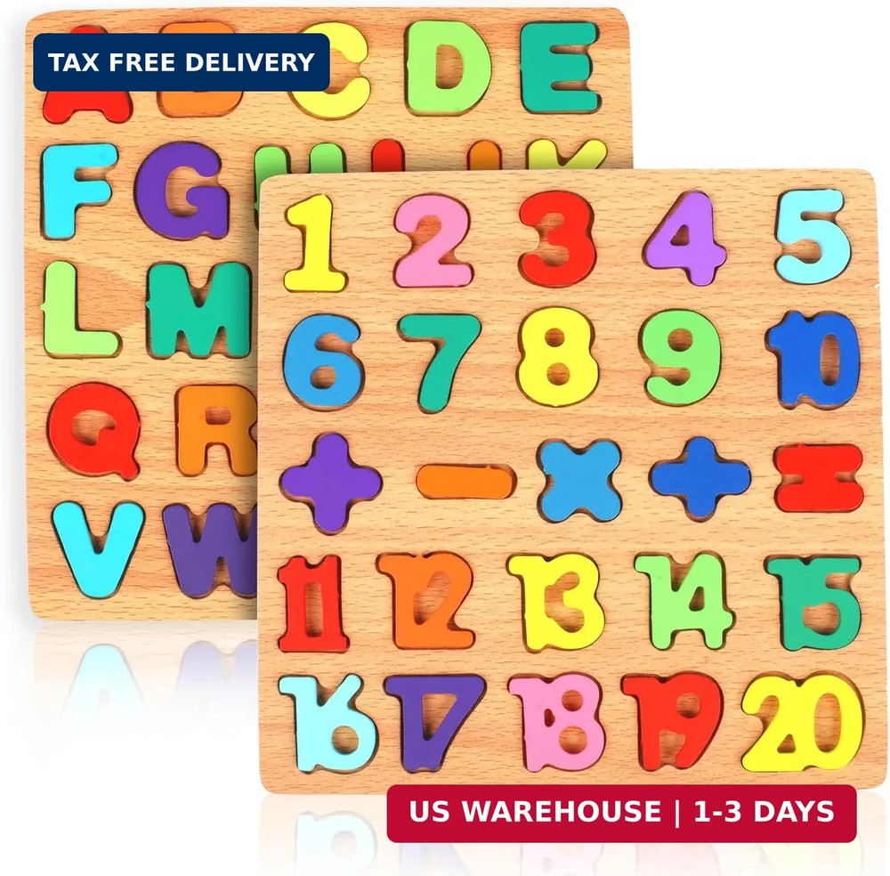 2 Pack Wooden Puzzles, Toddlers Alphabet Number Puzzles, ABC Learning Toys for K