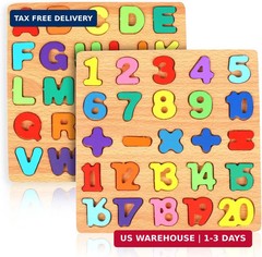 2 Pack Wooden Puzzles, Toddlers Alphabet Number Puzzles, ABC Learning Toys for K