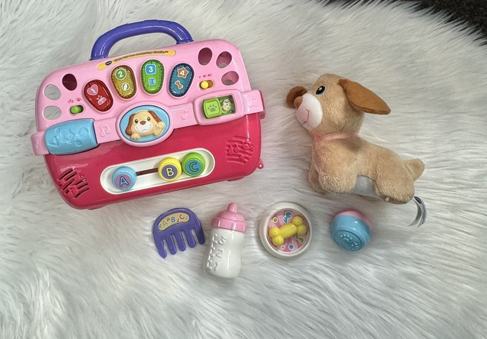 Vtech Care for Me Learning Puppy Carrier Toy Includes Accessories Works Pink Dog