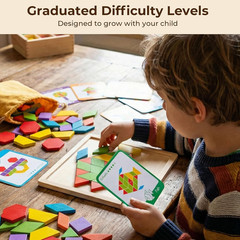 209 PCS Shapes Wooden Pattern Blocks for Kids, Geometric with Activity Cards and