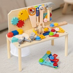 Montessori Wooden Tool Bench & Builder Set, Pretend Construction Toy (Ages 3+)