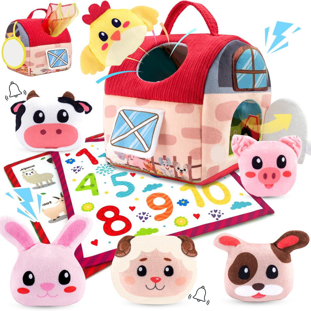 Baby Toys 6-12 Months, 11PCS Surprise Barn Toy with Stuffed Farm Animals, Rattle