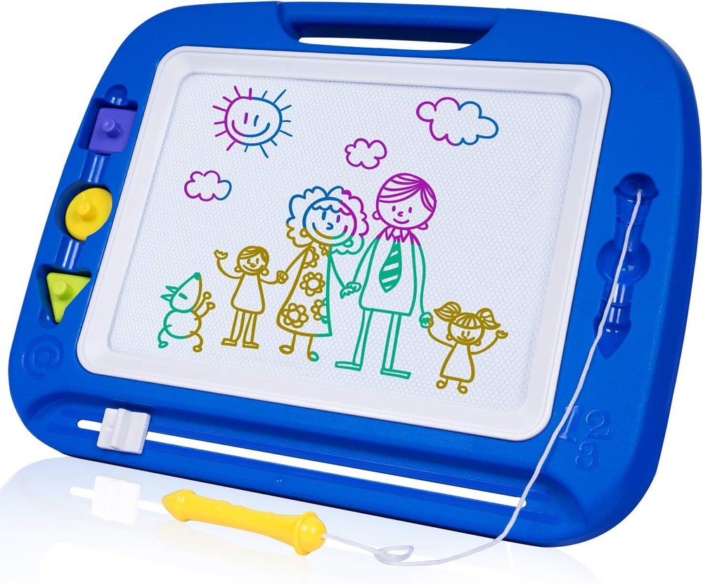 Blue Magnetic Writing Board For Toddlers 16X13 Drawing Area With Stamps