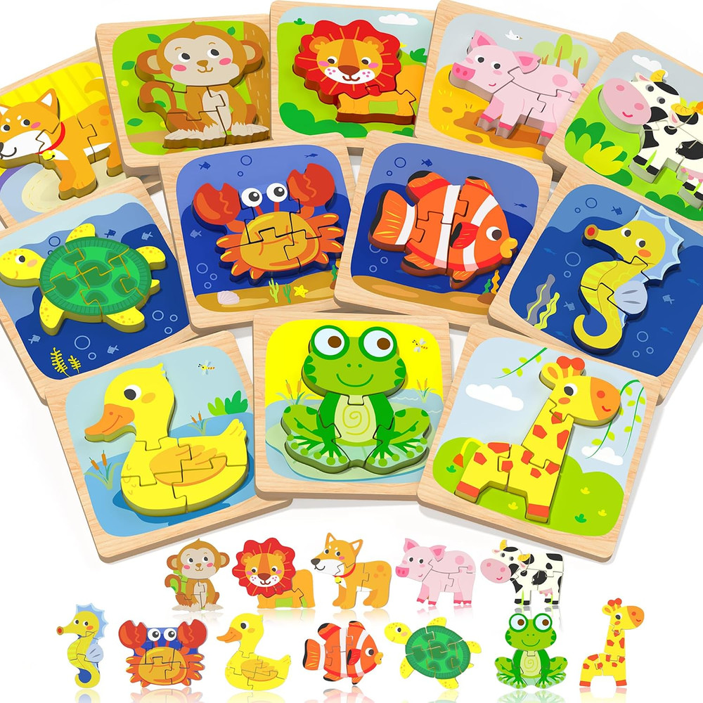 Wooden Toddler Puzzles, Montessori Toddler Toys for 1 2 Year Old | 12 Pcs Puzzle
