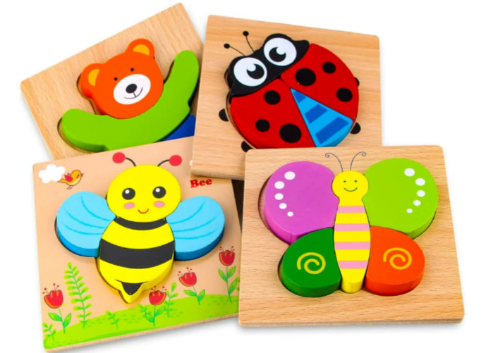 Skyfield Wooden Puzzles Gift 2 SETS 4 pc Animal Bear Ladybug Bee Butterfly 12 M+