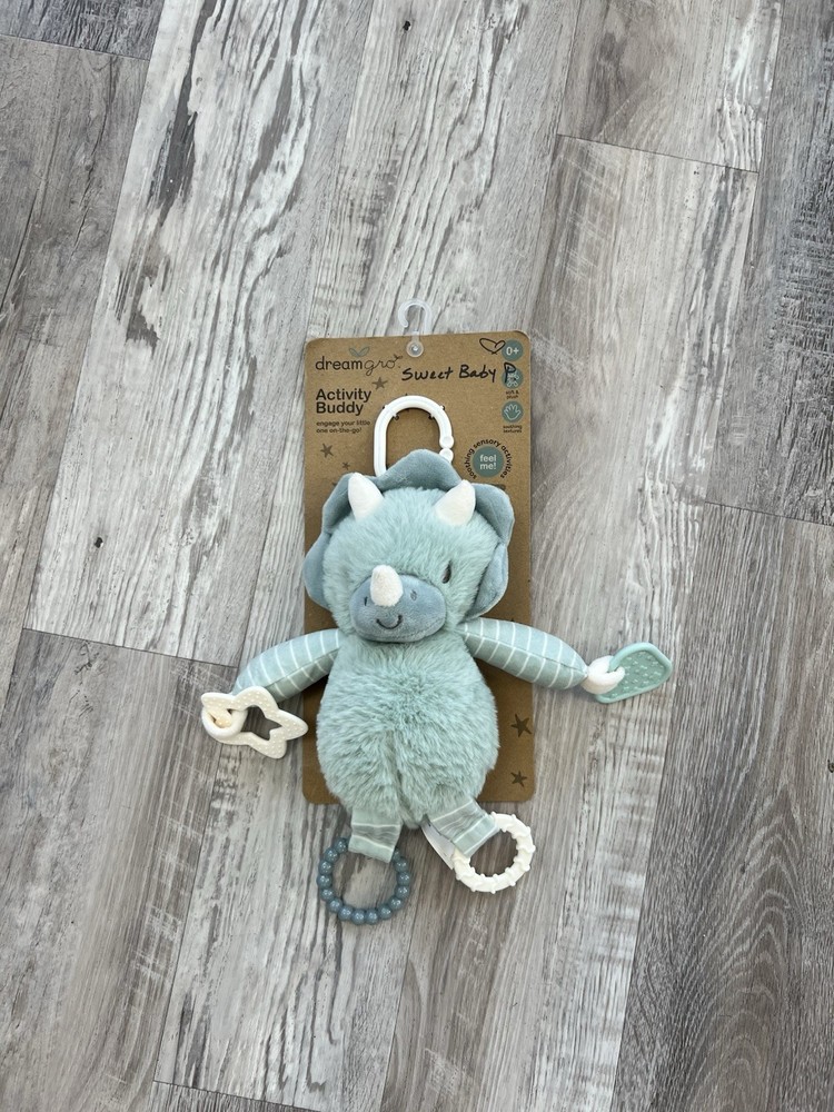 Dreamgro Green Dinosaur Activity Buddy Lovey Plush Rattle Crinkle Teether NWT