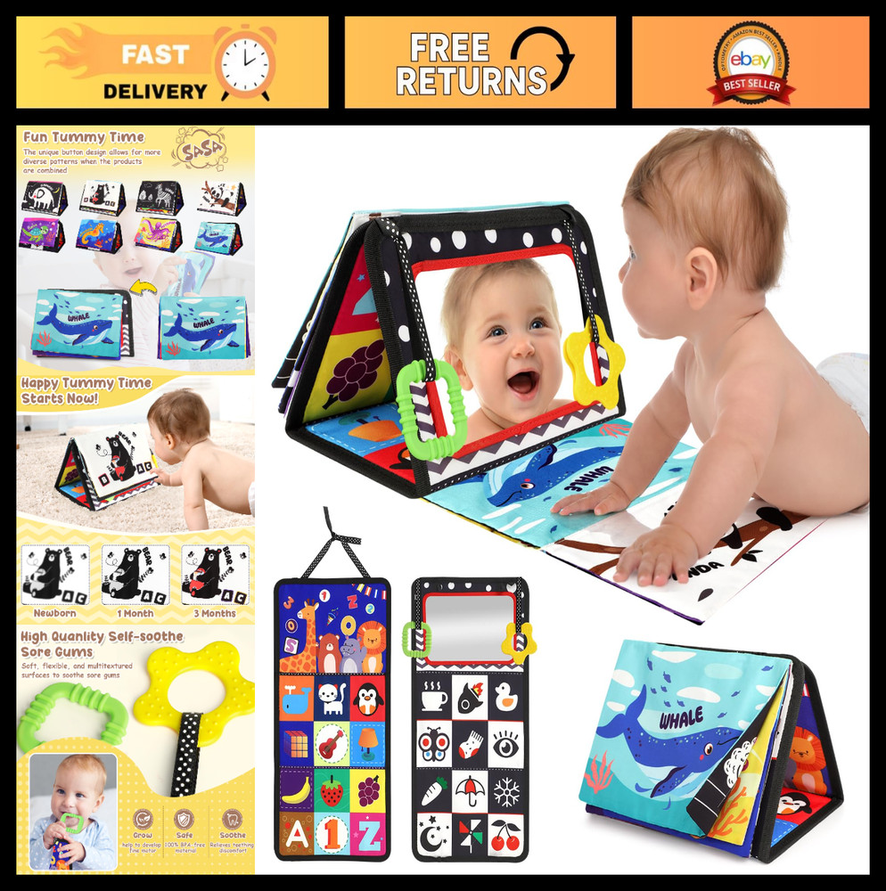 High Contrast Tummy Time Toy – Visual Stimulation Mirror & Crinkle Sensory Toy f