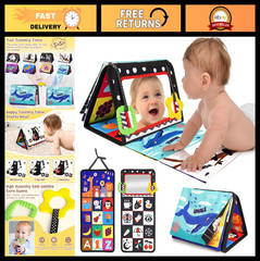 High Contrast Tummy Time Toy – Visual Stimulation Mirror & Crinkle Sensory Toy f
