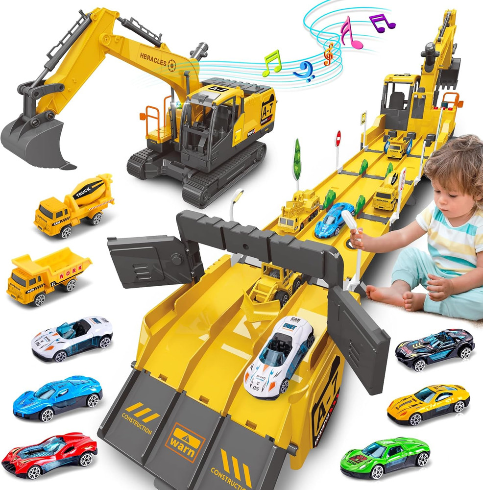 Toys for 3 Year Old Boys,Excavator Toys for Boys with 6 Metal Racing Cars and 2