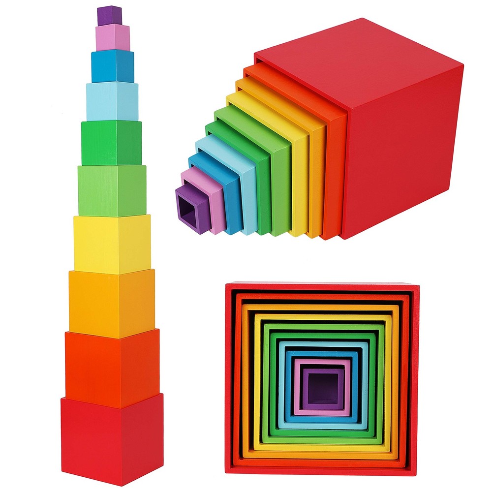 TOWO Wooden Stacking Boxes Rainbow Colours-Nesting and Sorting Cups Blocks fo…