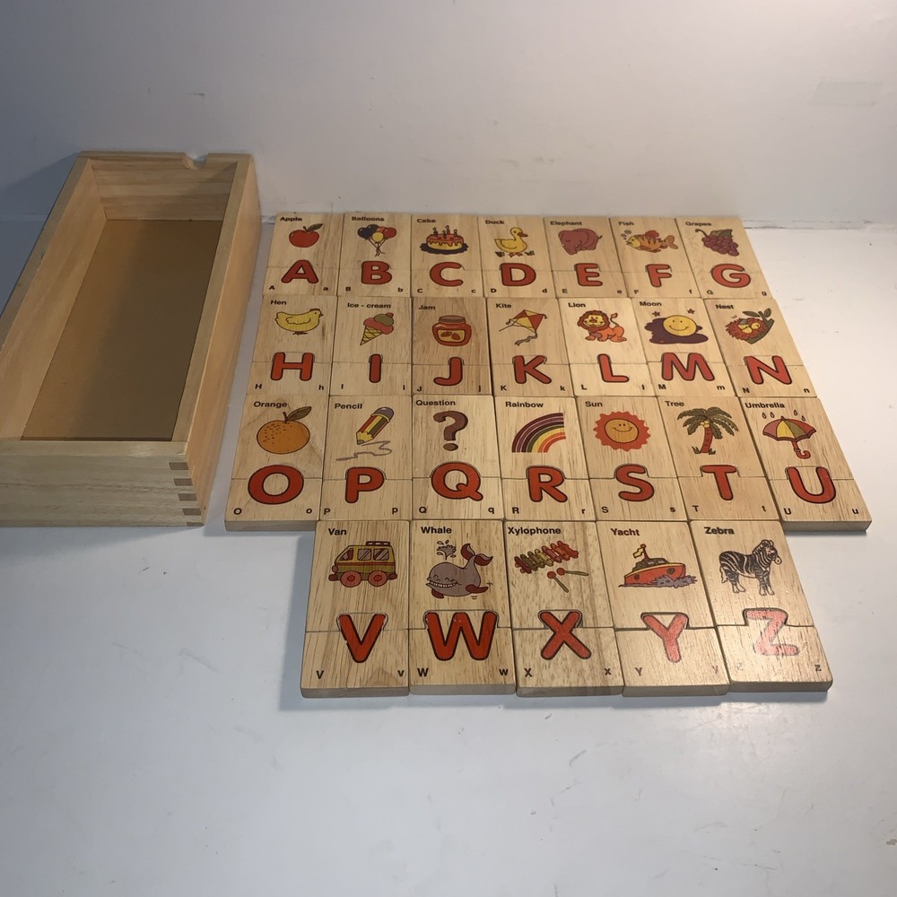 52 piece Alphabet & Picture Wooden Puzzle w/ Storage Box ABC Education