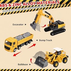 Alloy Mini Construction Vehicles, 3Pcs Die-cast Metal Toy Set with Pull Back