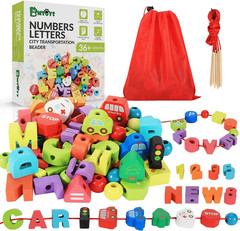 Wooden Lacing Toy Alphabet Number Threading Beads for Boys Girls Age 3 4 5 6 Mon