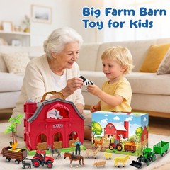 Montessori Learning Farm Animal Playset – Big Red Barn with 14 Figures & Tractor