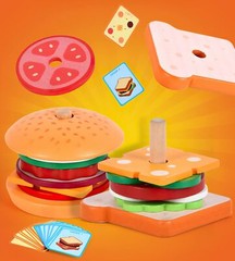 Wooden Burger Sandwich Stacking Toys for Kids, Montessori Toys for Toddlers &