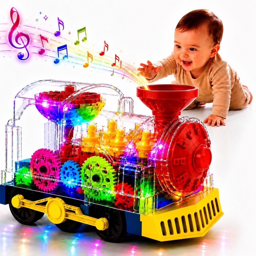 Light Up Transparent Gear Train Toy for Kids, Musical LED Crawling & Tummy Time