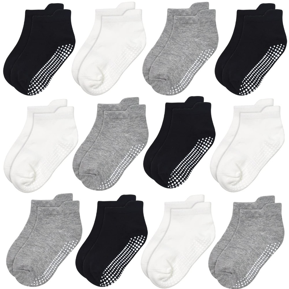 Non Slip Socks 12 Pairs Anti Skid Ankle Socks for Boys Grips Cotton Crew Sock…