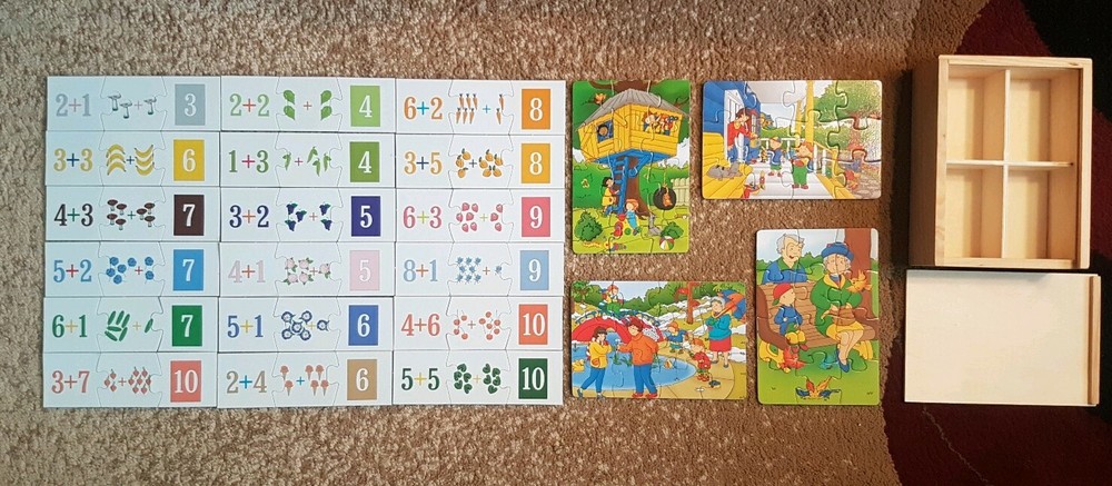 Lot of Puzzle Math Caillou Wooden Storage Box Mark on Back