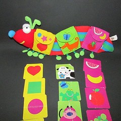 manhattan Baby toy company plush caterpillar w/ pockets cards fruit shapes +