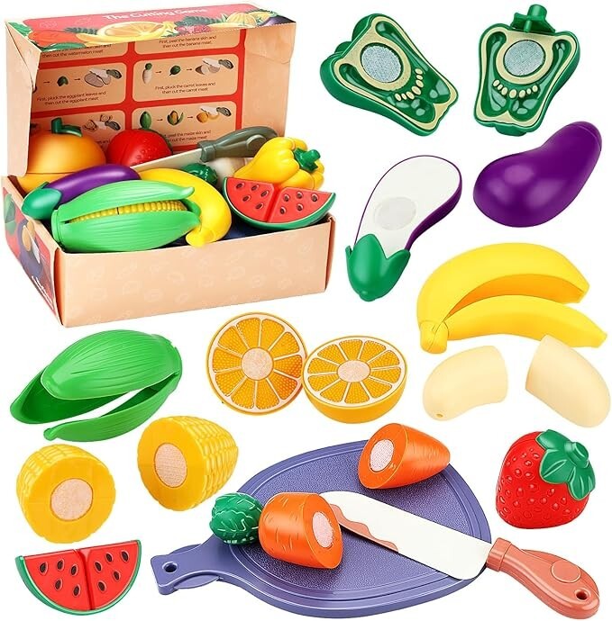 26Pcs Pretend Food Play Food Cutting Set For Kids,Cuttable Fruits Vegetables Toy