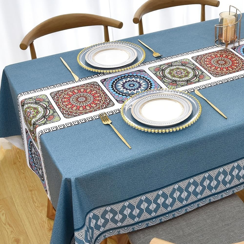 Zobesta Blue Vinyl Tablecloths for Rectangle Tables 55 x 70 Inch, Blue Waterp…
