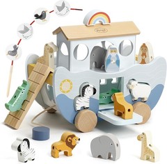 Wooden Noah’s Ark Toy for 1 Year Old Baby Boy and Girl Baptism Gift – Neutral C