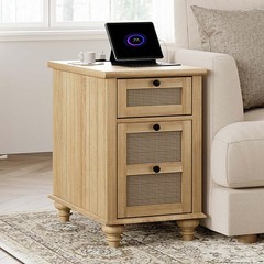 WAMPAT Farmhouse End Table with Charging Station, Rattan Side Table with Draw…